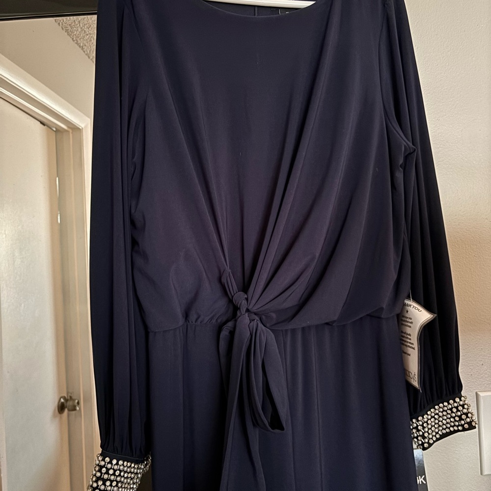 Elegant Navy Dress with Beaded Cuffs